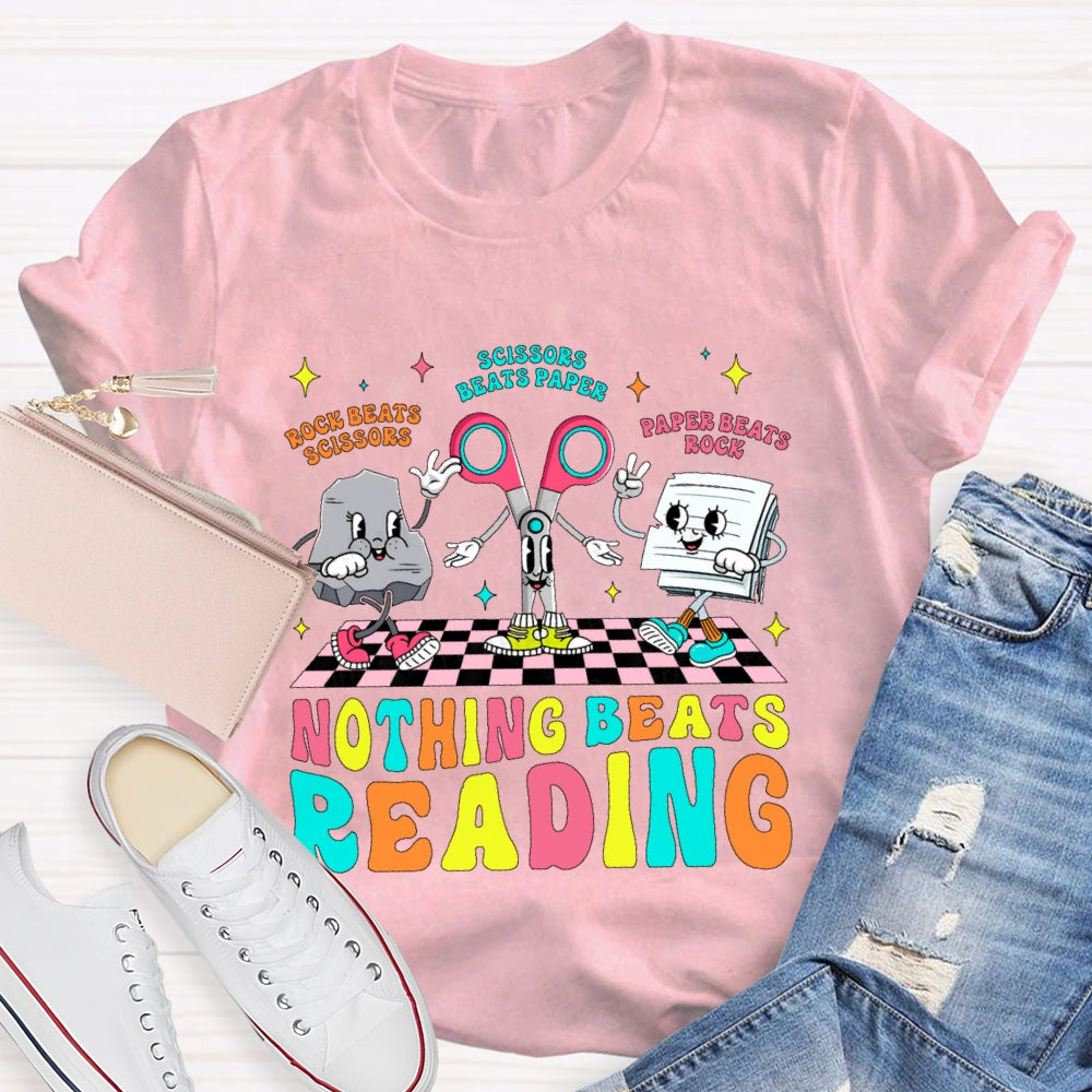 Rock Beats Scissors Scissors Beats Paper Paper Beats Rock Nothing Beats Reading Cartoon T-shirt