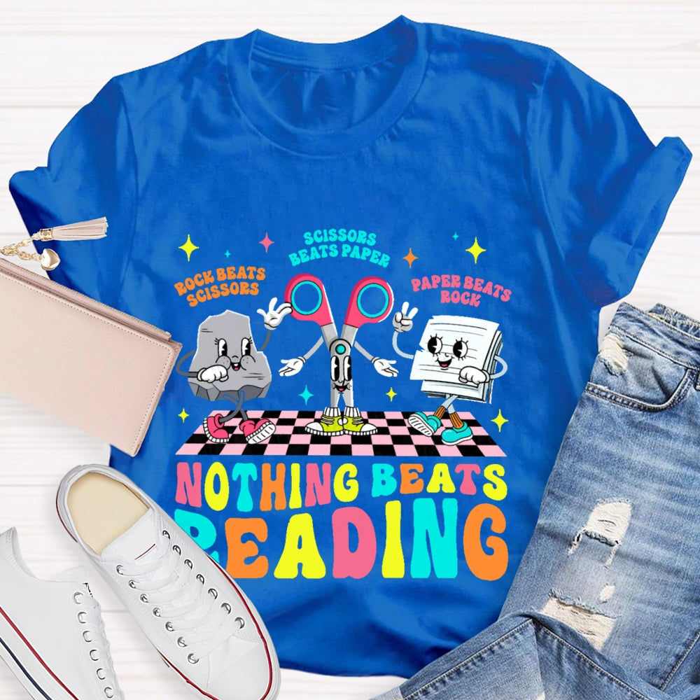 Rock Beats Scissors Scissors Beats Paper Paper Beats Rock Nothing Beats Reading Cartoon T-shirt