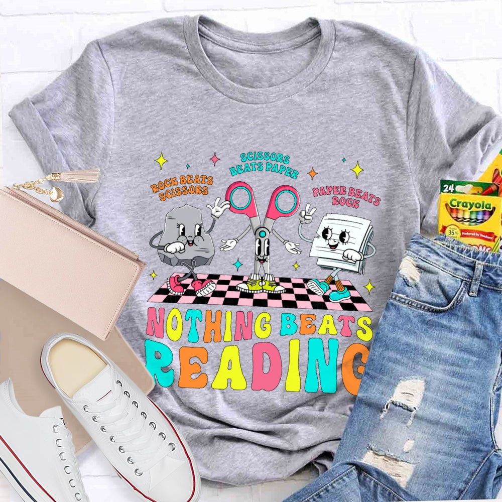 Rock Beats Scissors Scissors Beats Paper Paper Beats Rock Nothing Beats Reading Cartoon T-shirt