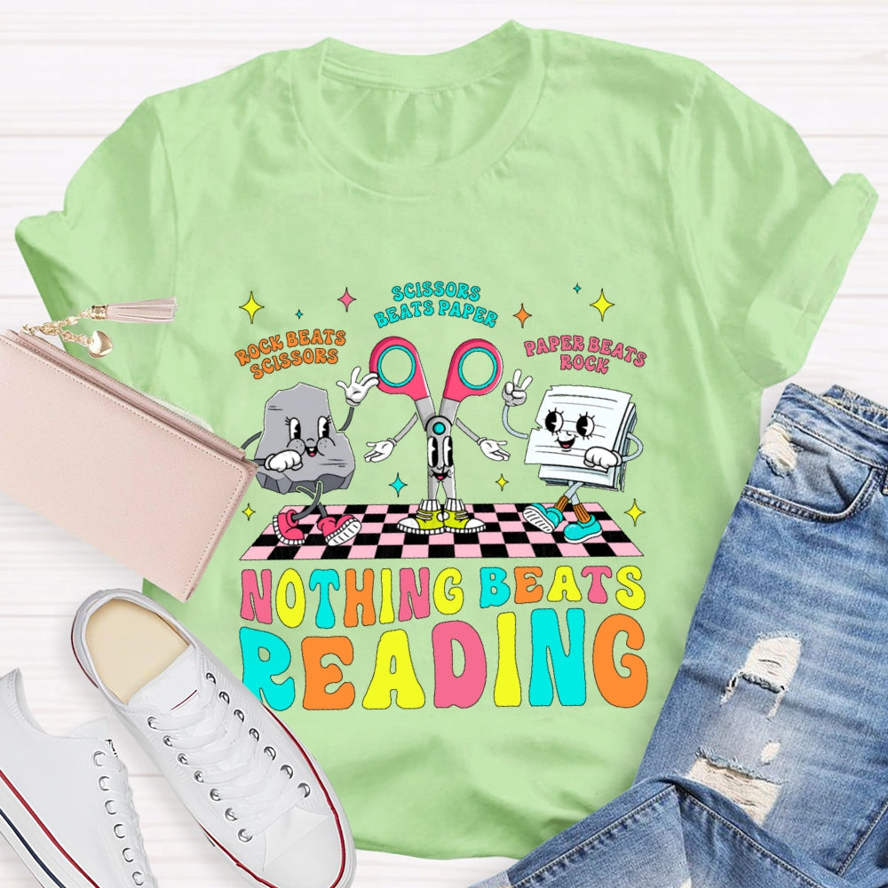 Rock Beats Scissors Scissors Beats Paper Paper Beats Rock Nothing Beats Reading Cartoon T-shirt