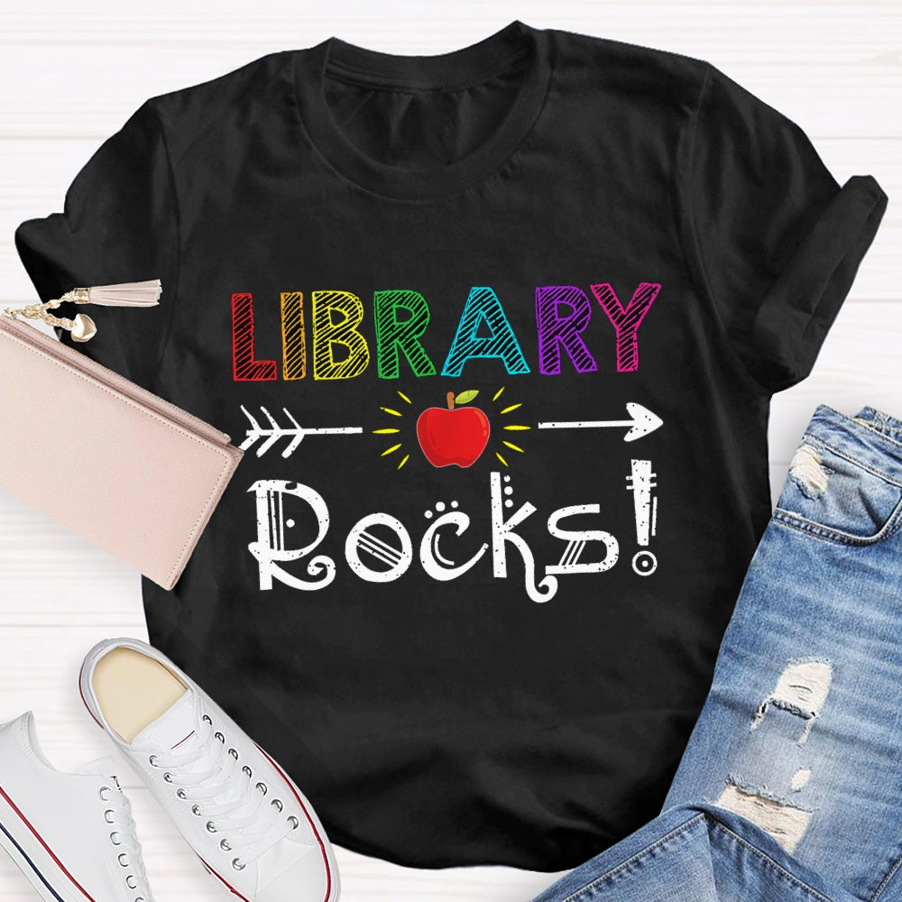 Library Rocks Colorful Striped Letters And Apple T-shirt