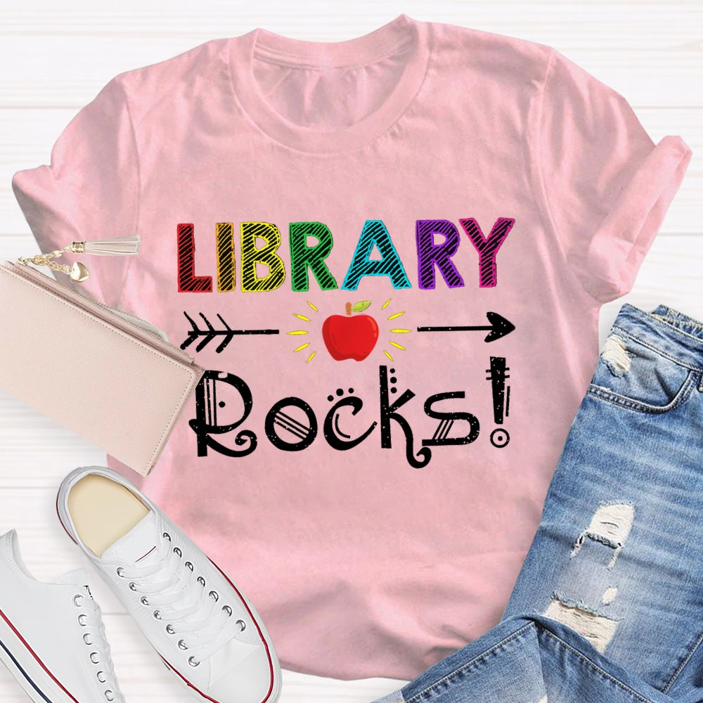 Library Rocks Colorful Striped Letters And Apple T-shirt