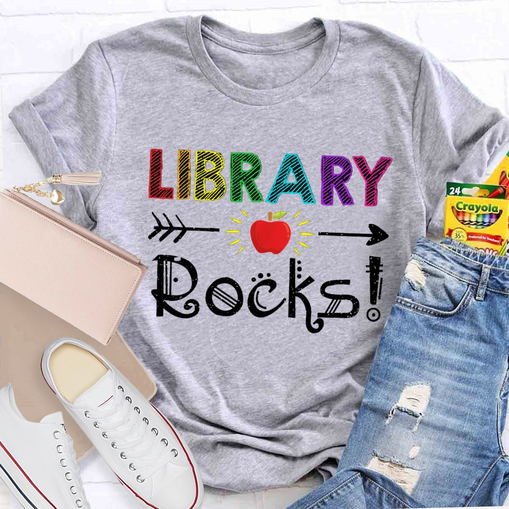Library Rocks Colorful Striped Letters And Apple T-shirt