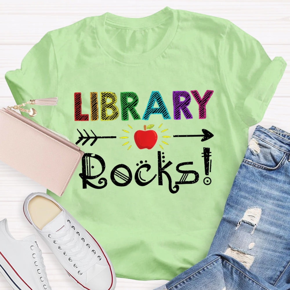 Library Rocks Colorful Striped Letters And Apple T-shirt