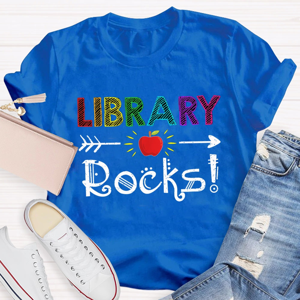 Library Rocks Colorful Striped Letters And Apple T-shirt
