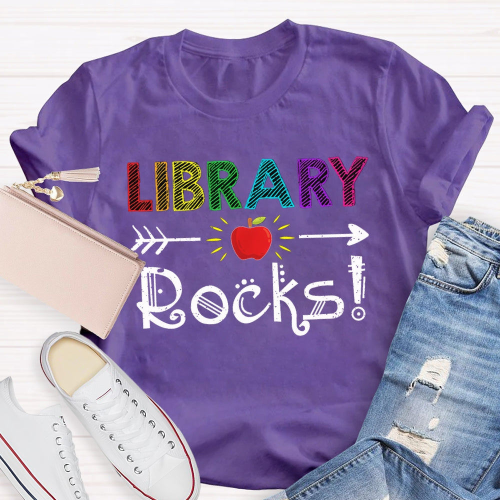 Library Rocks Colorful Striped Letters And Apple T-shirt