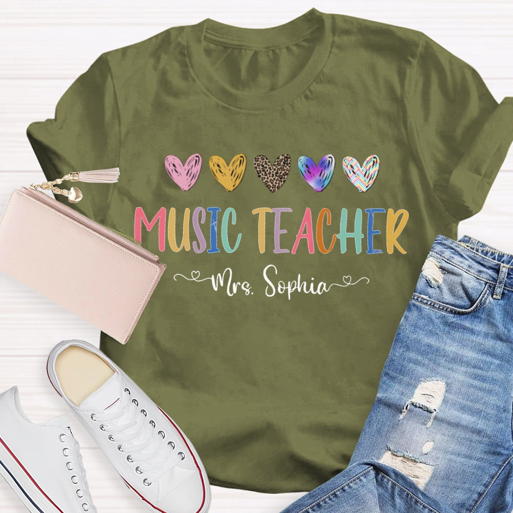 Personalized Name Music Teacher Colorful Tie-Dye And Leopard Print Hearts T-shirt