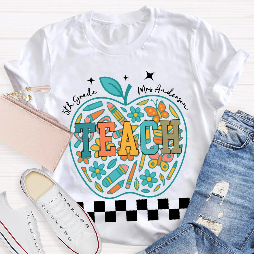 Personalized Name And Grade 5th Grade Stationery Apple Pattern Printing T-shirt