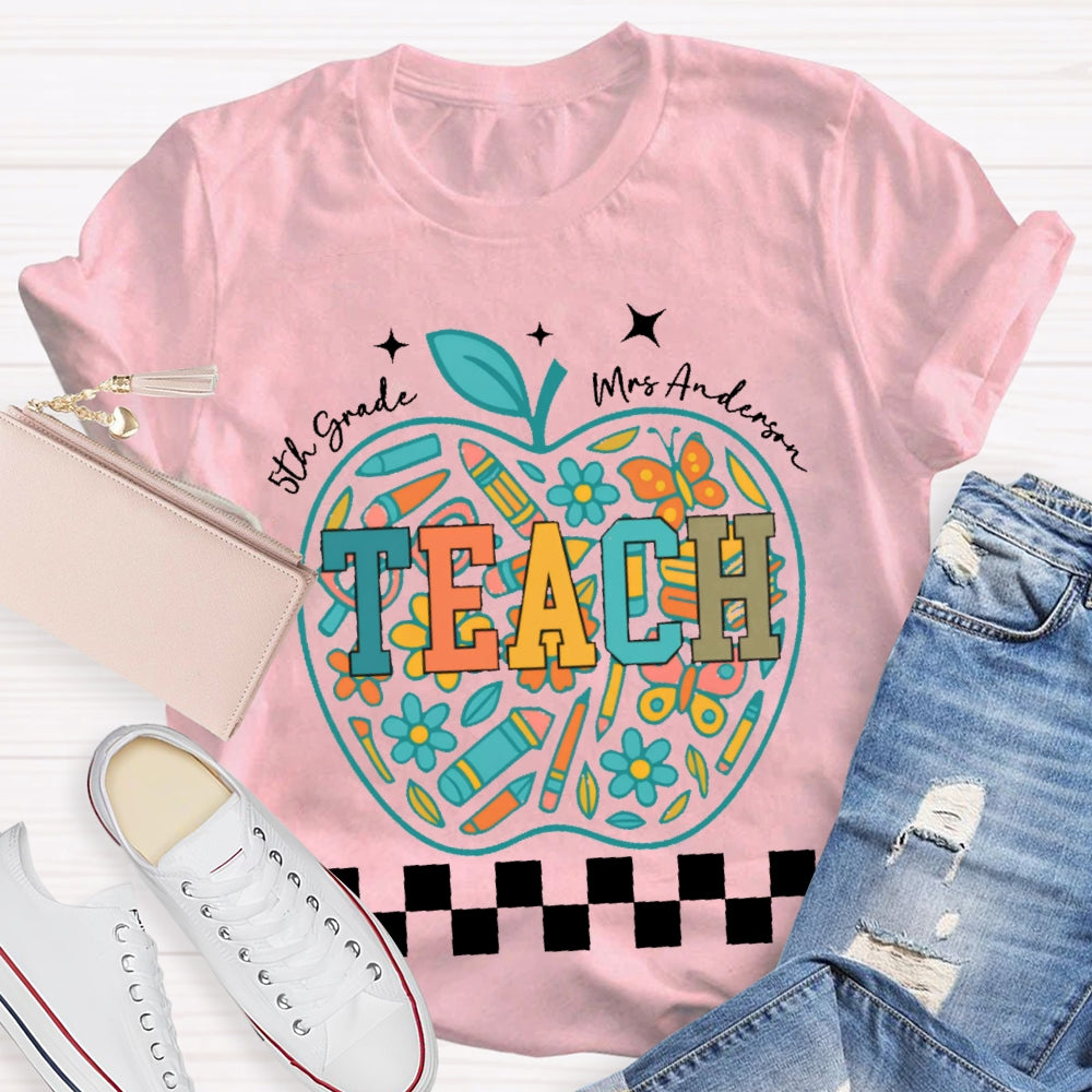 Personalized Name And Grade 5th Grade Stationery Apple Pattern Printing T-shirt
