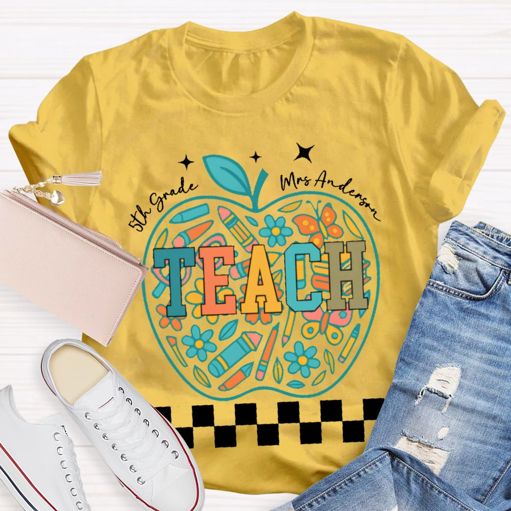 Personalized Name And Grade 5th Grade Stationery Apple Pattern Printing T-shirt