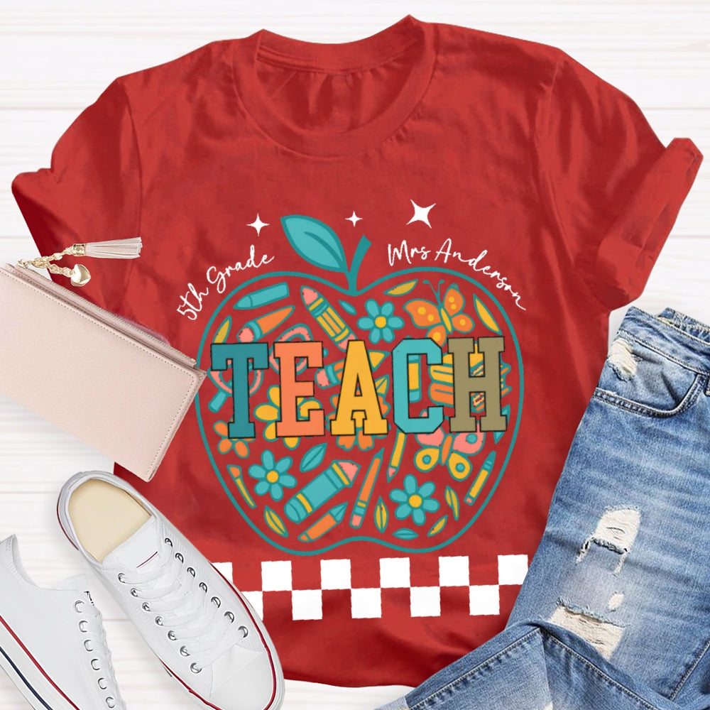 Personalized Name And Grade 5th Grade Stationery Apple Pattern Printing T-shirt