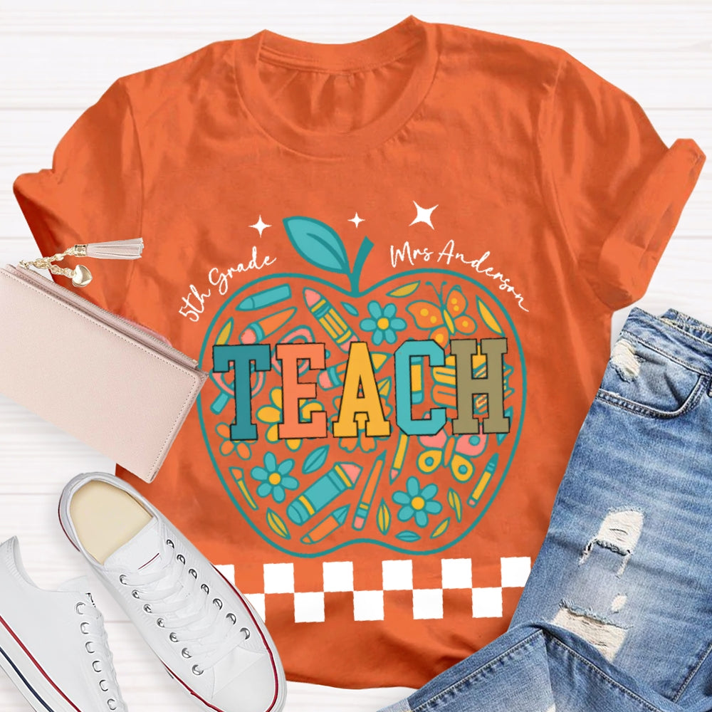 Personalized Name And Grade 5th Grade Stationery Apple Pattern Printing T-shirt