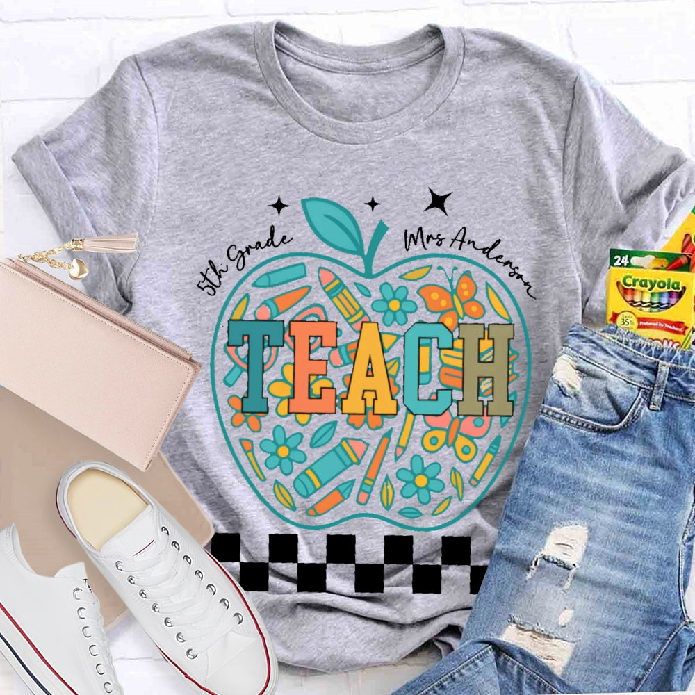 Personalized Name And Grade 5th Grade Stationery Apple Pattern Printing T-shirt