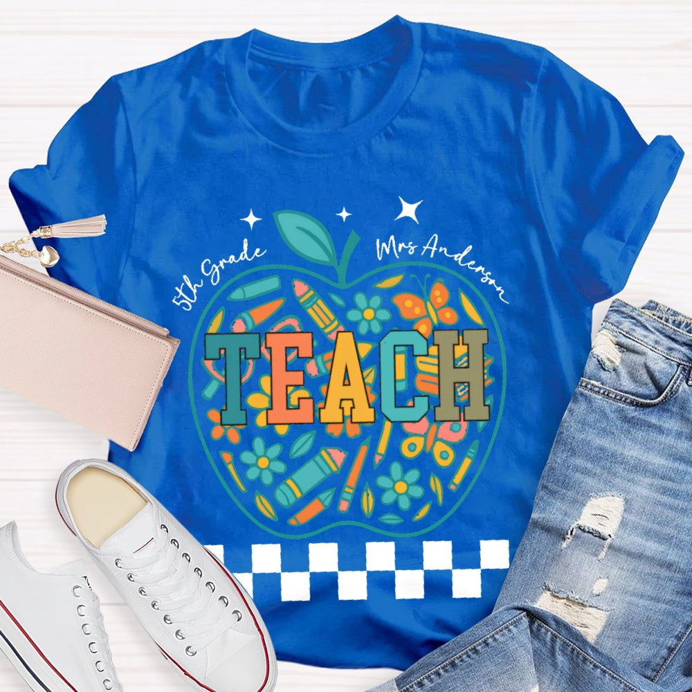 Personalized Name And Grade 5th Grade Stationery Apple Pattern Printing T-shirt