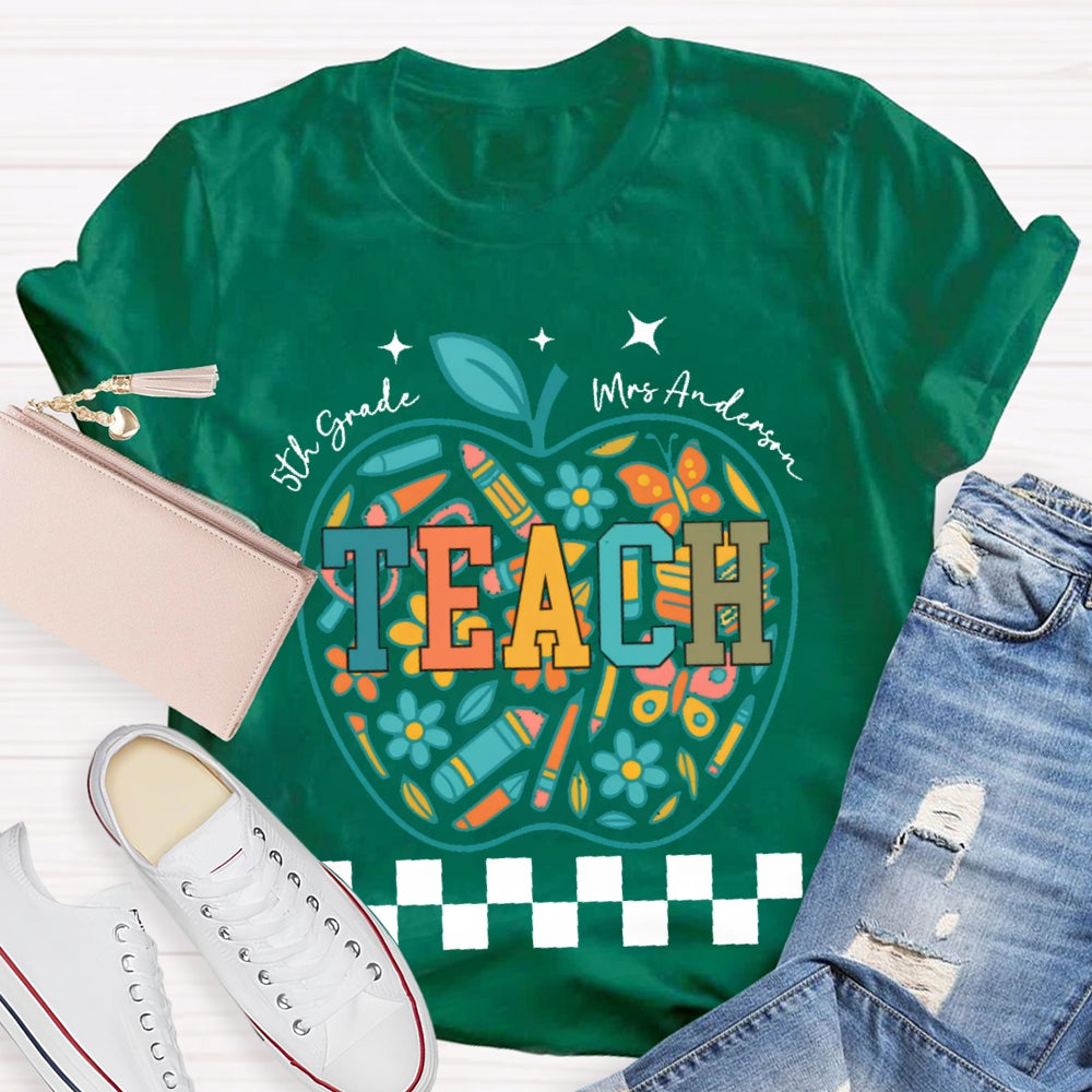 Personalized Name And Grade 5th Grade Stationery Apple Pattern Printing T-shirt