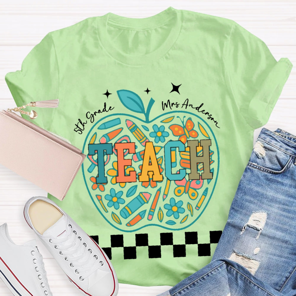 Personalized Name And Grade 5th Grade Stationery Apple Pattern Printing T-shirt
