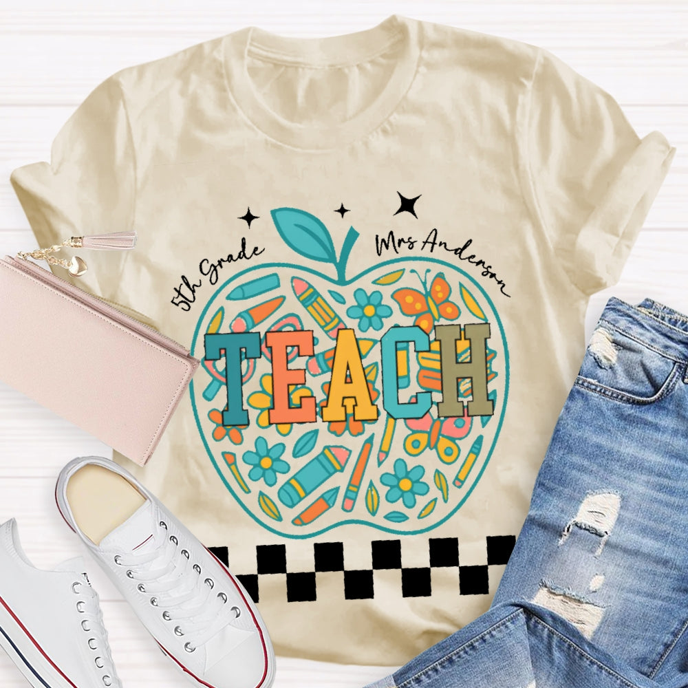 Personalized Name And Grade 5th Grade Stationery Apple Pattern Printing T-shirt