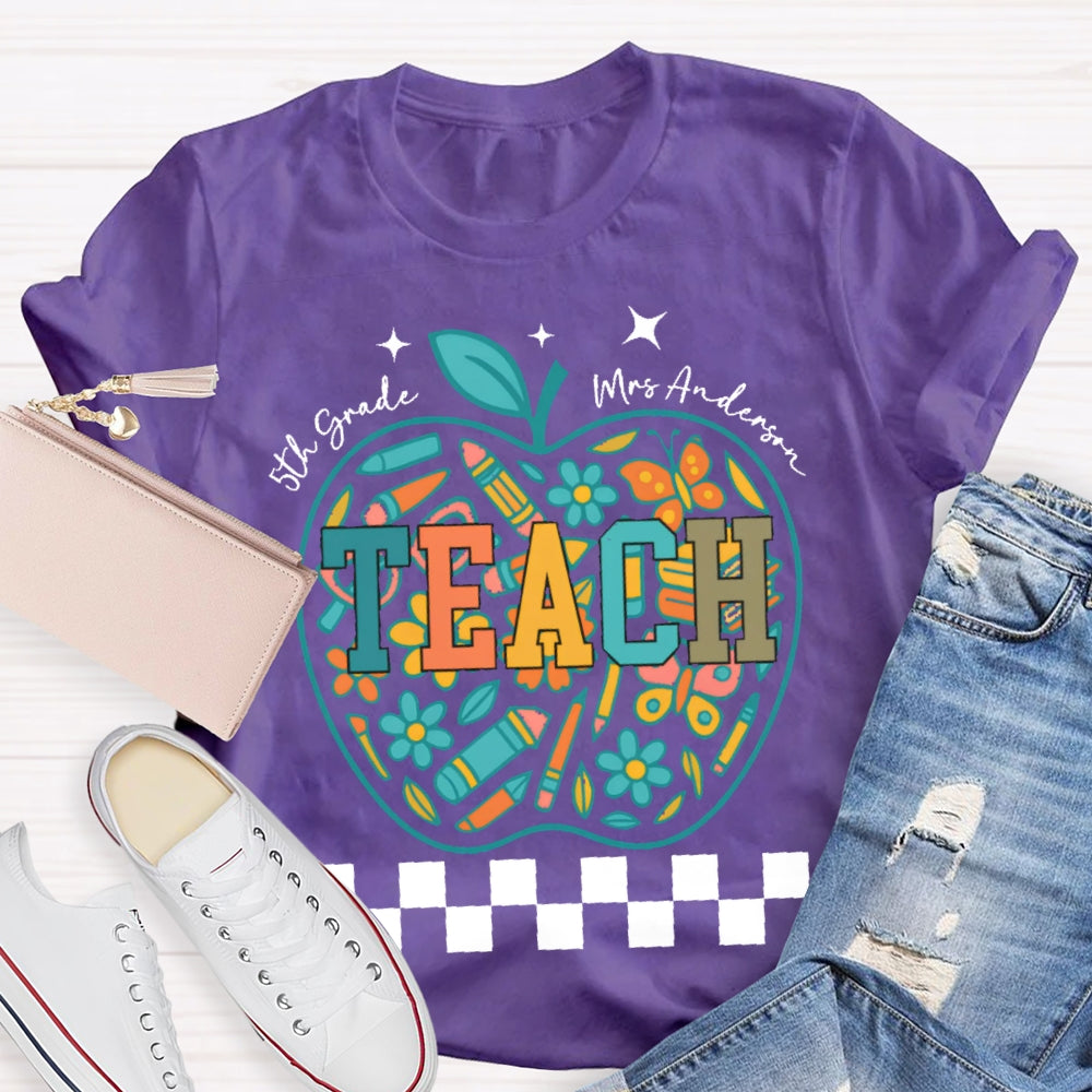 Personalized Name And Grade 5th Grade Stationery Apple Pattern Printing T-shirt