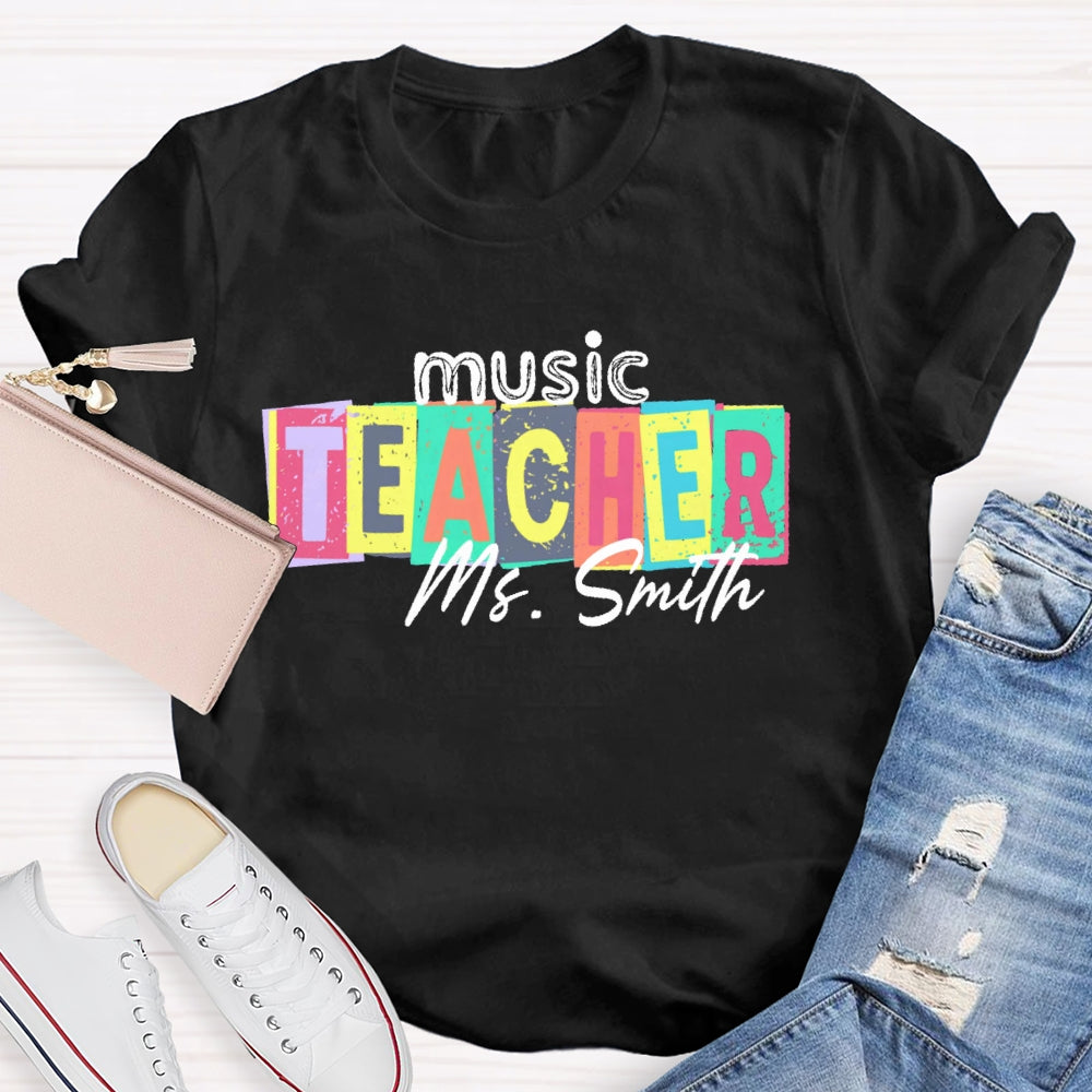 Personalized Name Music Teacher Colorful Square Pattern T-shirt