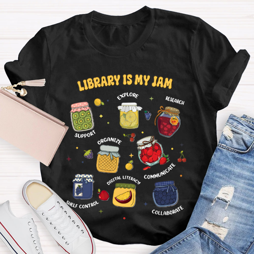 Library Is My Jom Support Explore Research Organize T-shirt