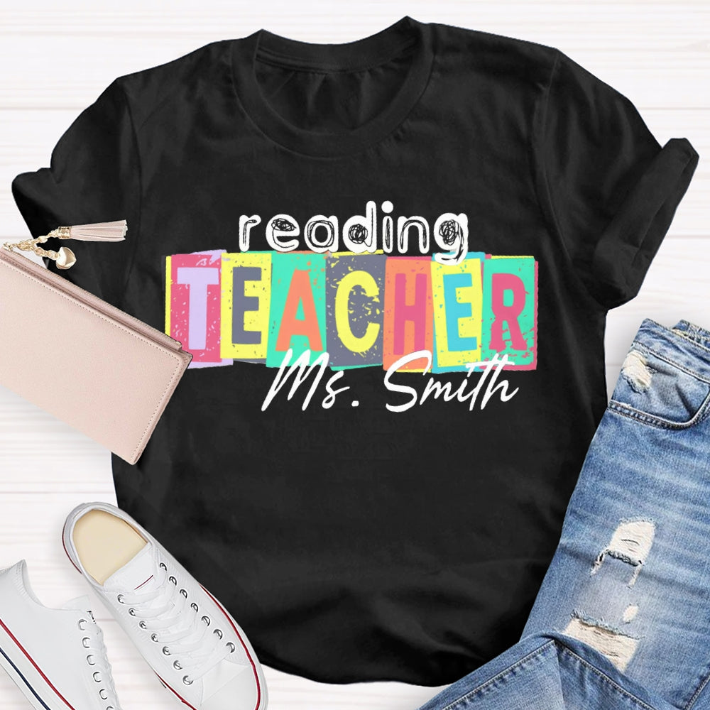 Personalized Name Reading Teacher Colorful Square Print T-shirt