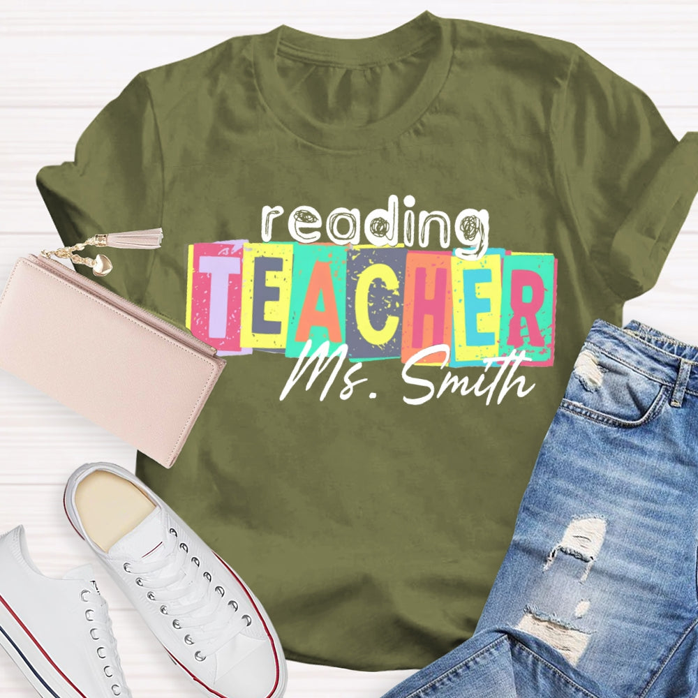 Personalized Name Reading Teacher Colorful Square Print T-shirt