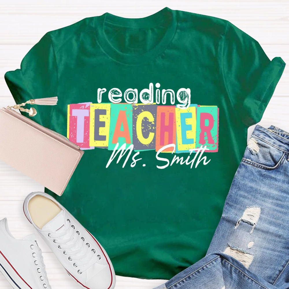 Personalized Name Reading Teacher Colorful Square Print T-shirt