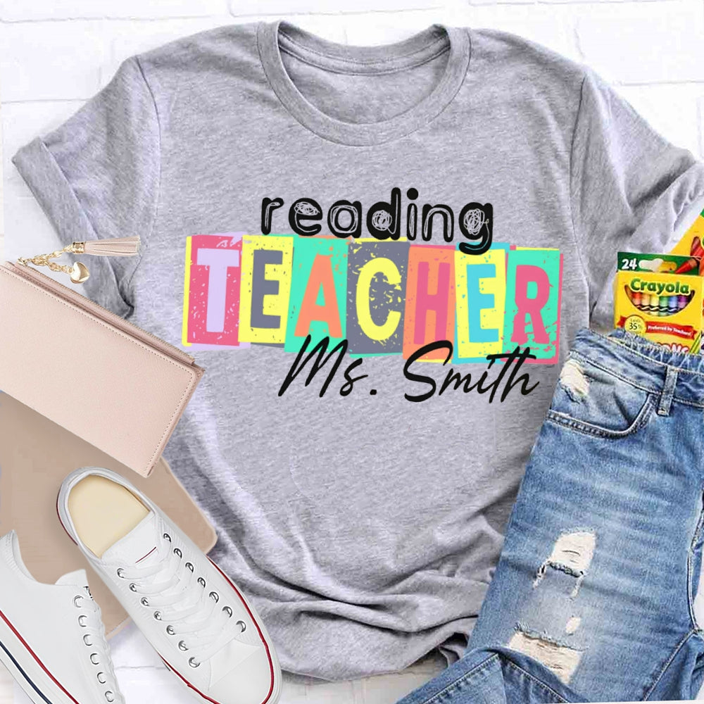 Personalized Name Reading Teacher Colorful Square Print T-shirt