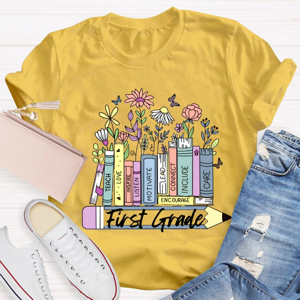 Personalized Grade Floral Pencil T-Shirt