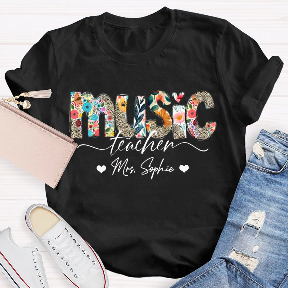 Personalized Name Music Teacher Colorful Print And Leopard Print Monogram T-shirt