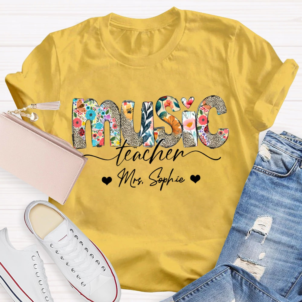 Personalized Name Music Teacher Colorful Print And Leopard Print Monogram T-shirt