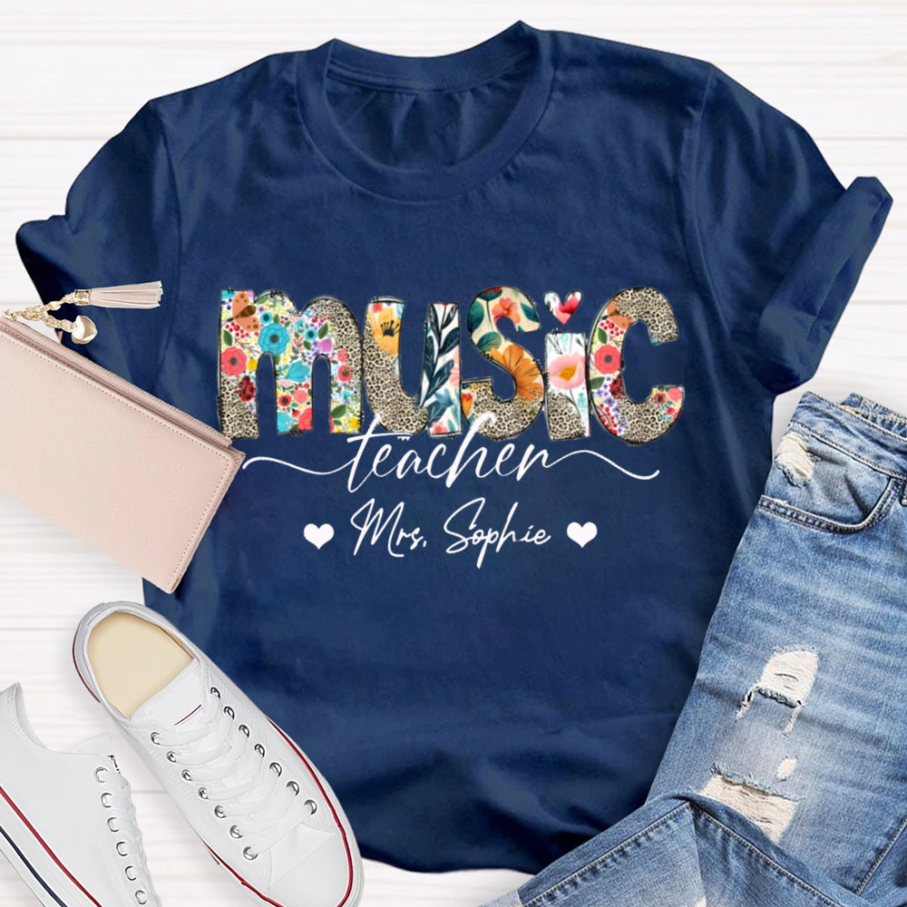Personalized Name Music Teacher Colorful Print And Leopard Print Monogram T-shirt