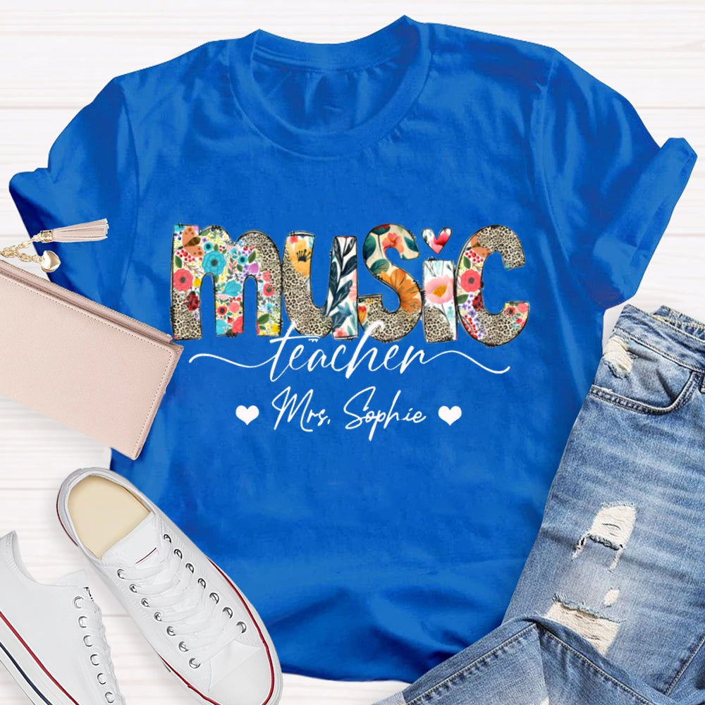 Personalized Name Music Teacher Colorful Print And Leopard Print Monogram T-shirt