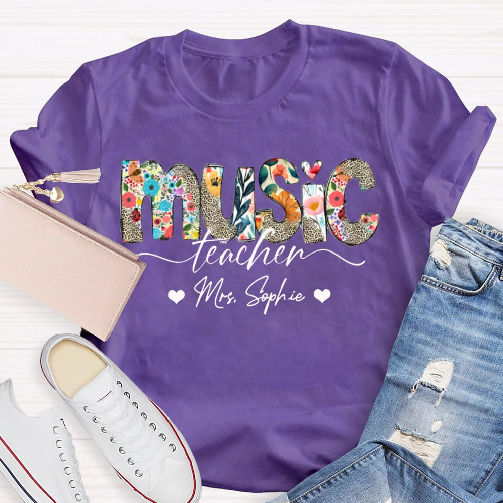 Personalized Name Music Teacher Colorful Print And Leopard Print Monogram T-shirt