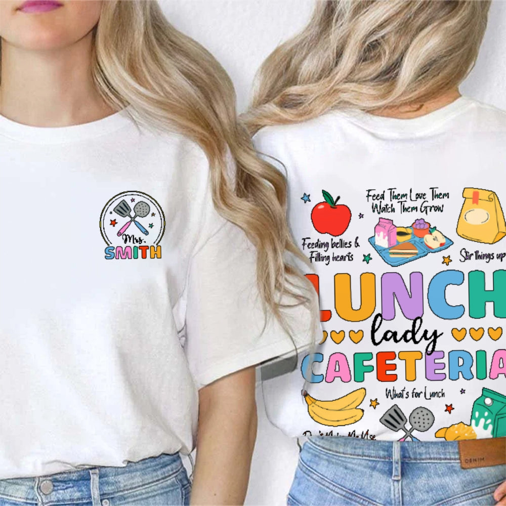 Personalized Name Lunch Lady Cafeteria School Food Service Crew Kitchen Staff Double Printed T-shirt