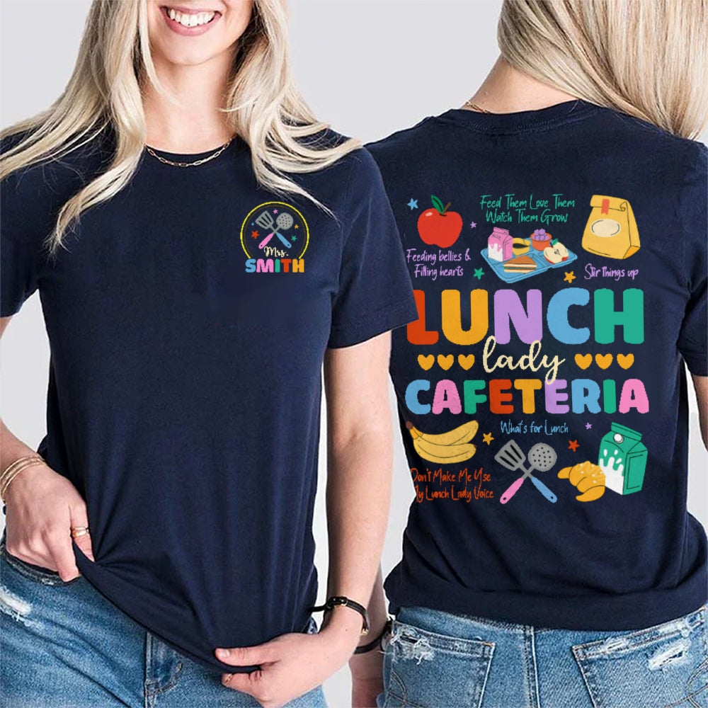 Personalized Name Lunch Lady Cafeteria School Food Service Crew Kitchen Staff Double Printed T-shirt