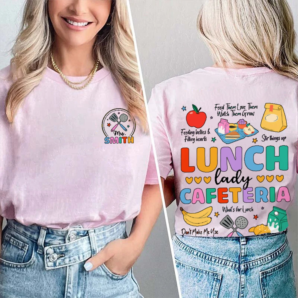 Personalized Name Lunch Lady Cafeteria School Food Service Crew Kitchen Staff Double Printed T-shirt