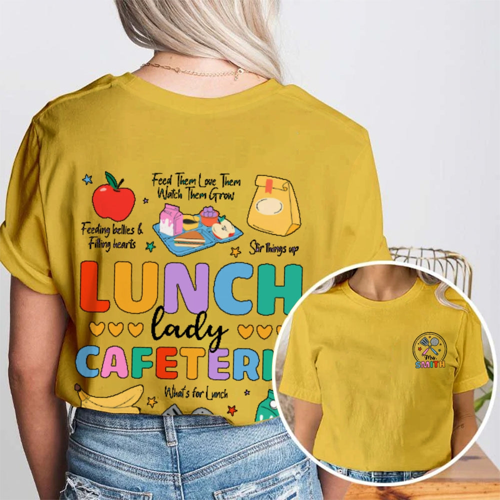 Personalized Name Lunch Lady Cafeteria School Food Service Crew Kitchen Staff Double Printed T-shirt