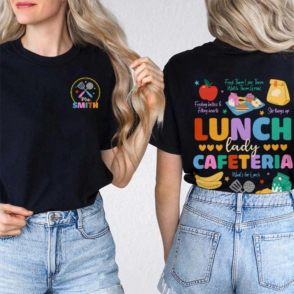 Personalized Name Lunch Lady Cafeteria School Food Service Crew Kitchen Staff Double Printed T-shirt