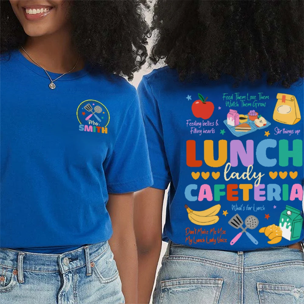 Personalized Name Lunch Lady Cafeteria School Food Service Crew Kitchen Staff Double Printed T-shirt
