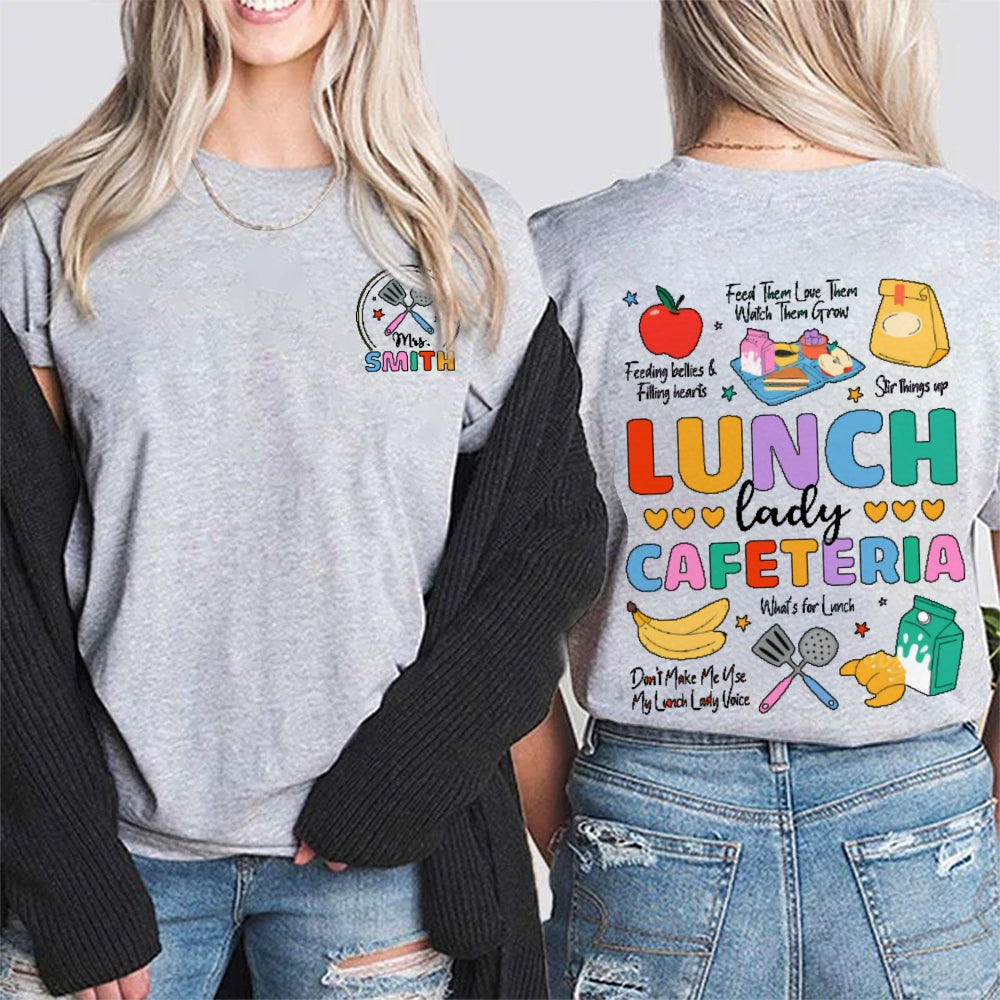 Personalized Name Lunch Lady Cafeteria School Food Service Crew Kitchen Staff Double Printed T-shirt