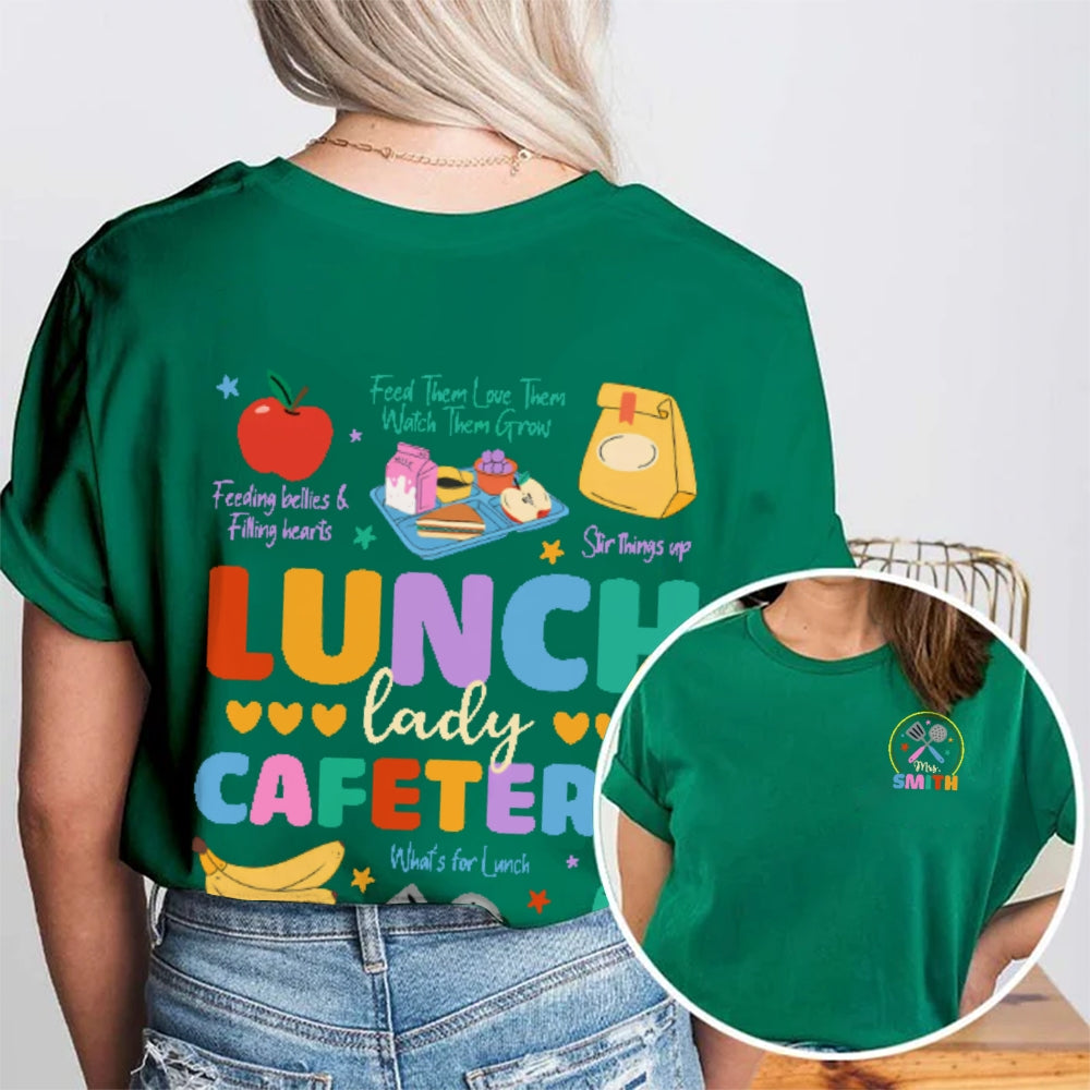Personalized Name Lunch Lady Cafeteria School Food Service Crew Kitchen Staff Double Printed T-shirt