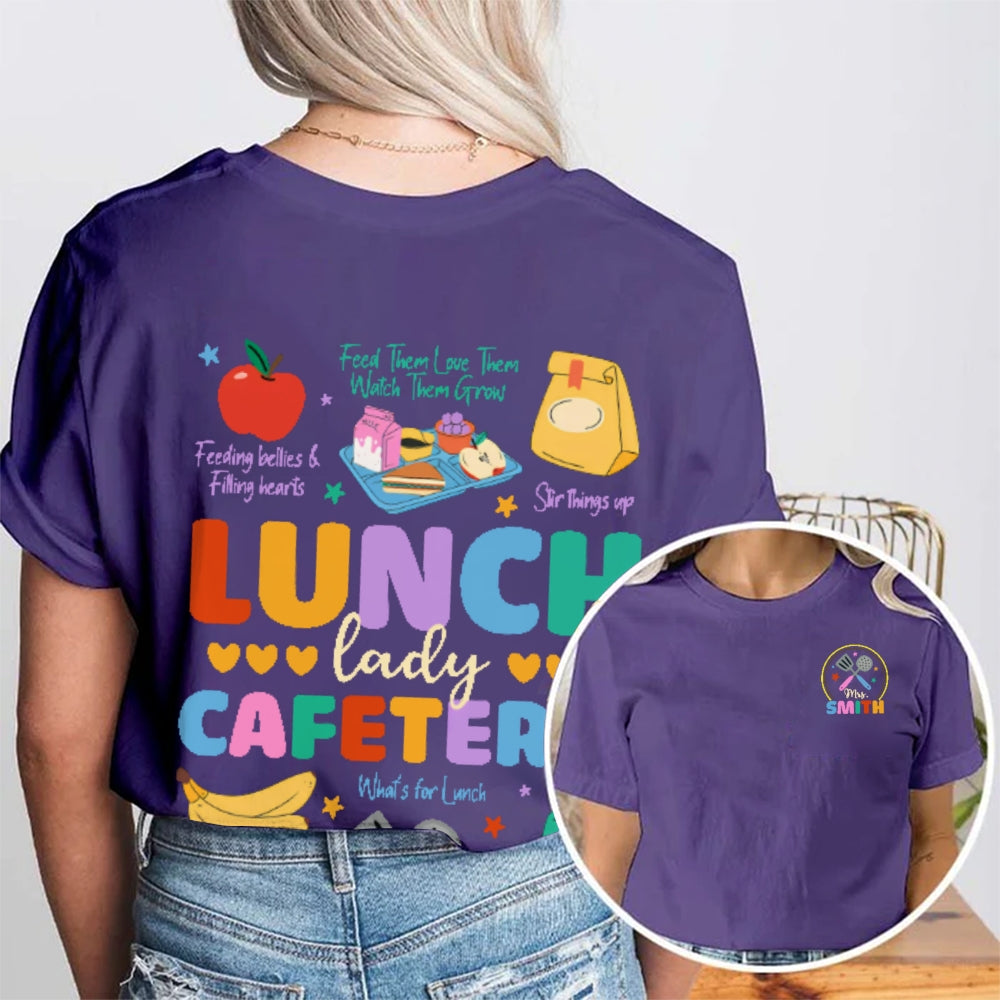 Personalized Name Lunch Lady Cafeteria School Food Service Crew Kitchen Staff Double Printed T-shirt