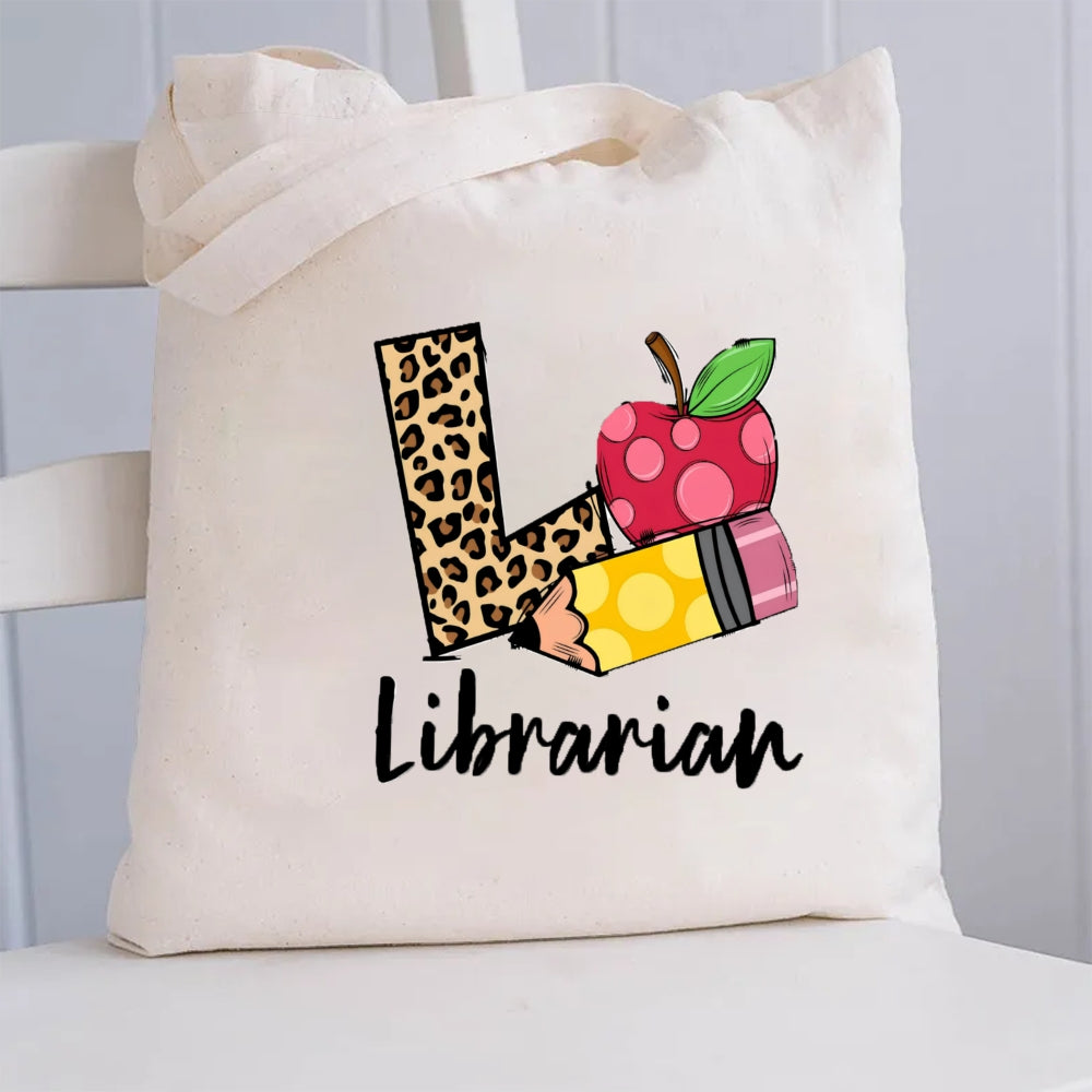 L Is Librarian Leopard Letter Canvas Tote Bag