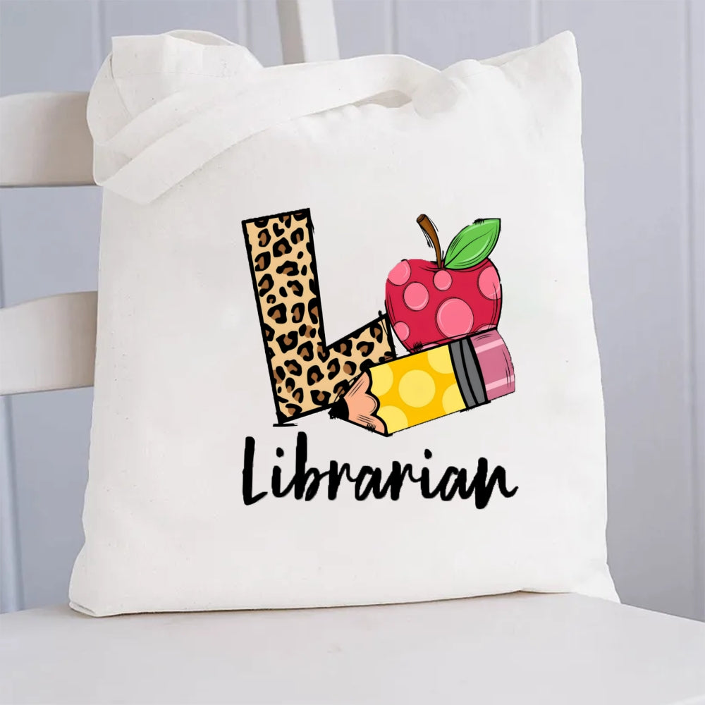 L Is Librarian Leopard Letter Canvas Tote Bag