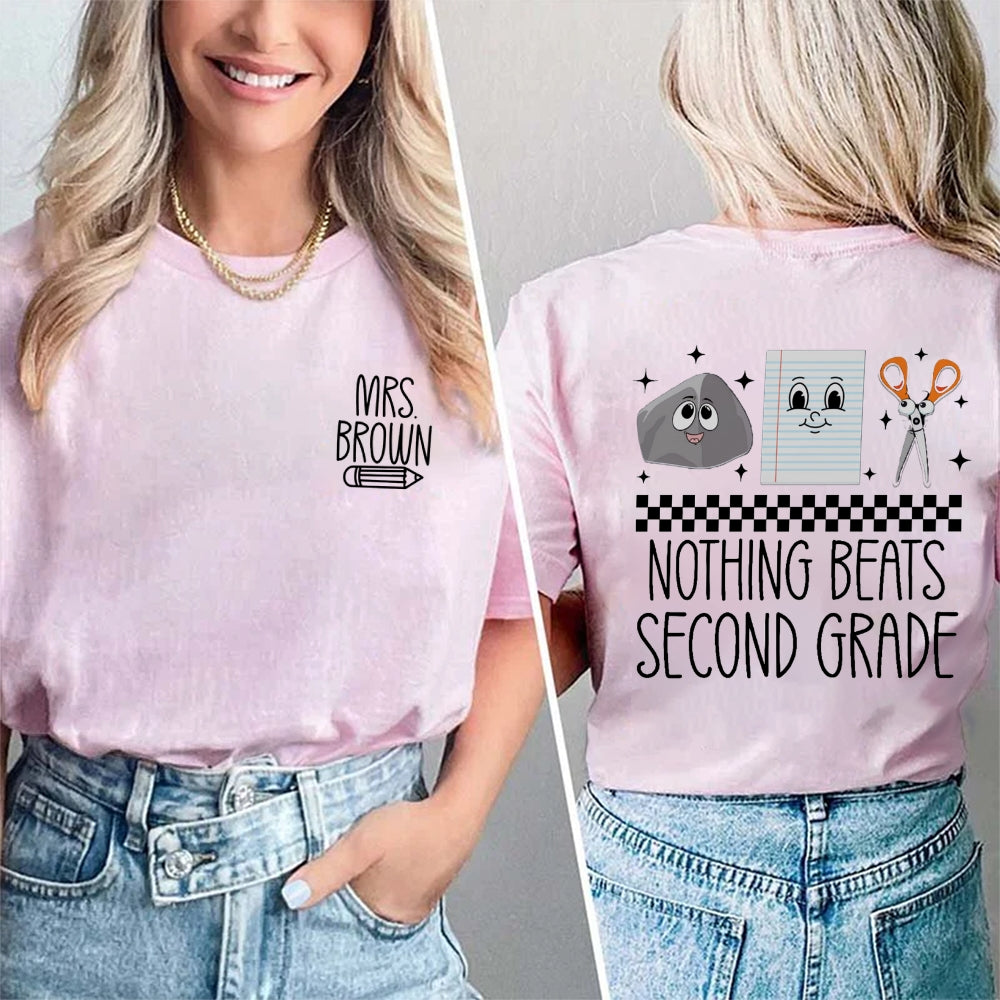 Personalized Name And Grade Nothing Beat Second Grade Double Printed T-Shirt