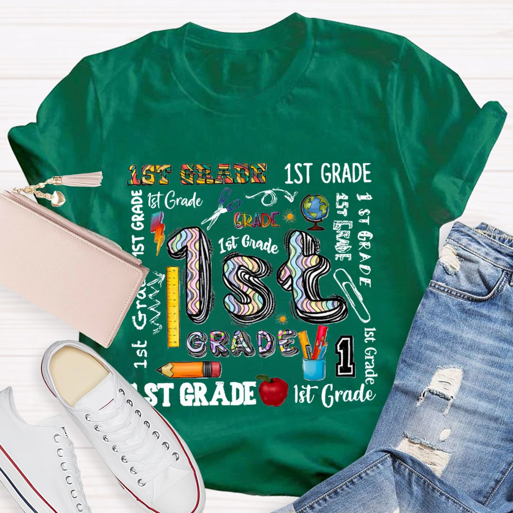 Personalized Grade School Supplies Icons Teacher T-Shirt
