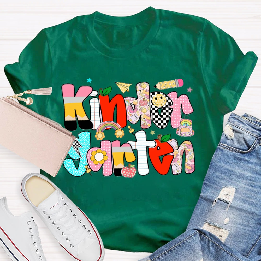 Personalized Grade Kindergarten Colored Letters Teacher T-shirt