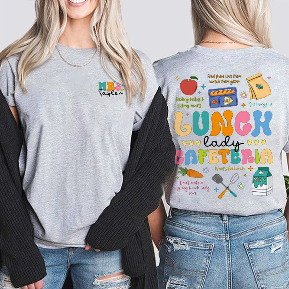 Personalized Name Lunch Lady Cafeteria Double Printed T-shirt