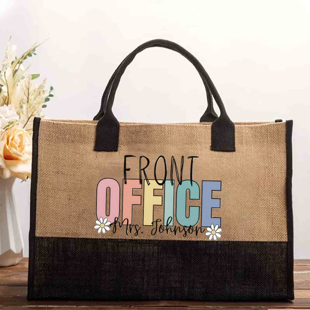Personalized Name Front Office Floral Cotton Tote Bag